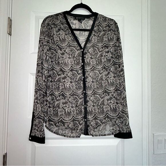 INC International Concepts Sheer Lace Look Button Front Blouse Shirt Top - Picture 1 of 7